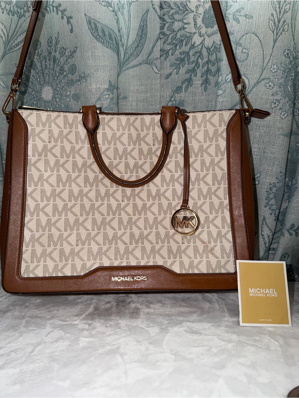 Michael Kors Beige and Brown Signature Satchel with MK Charm